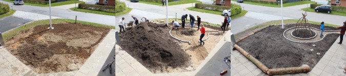 the small front lawn transforming through the first day with mounded tree plantings, wigwam, and circular path